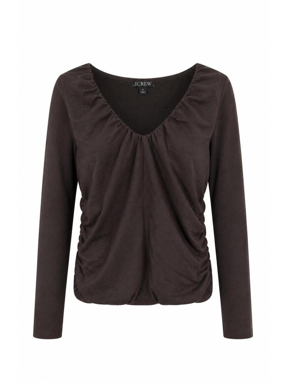 J. Crew Chocolate Brown Ruched V-Neck Knit Long Sleeve Cotton Stretch Top L Fall